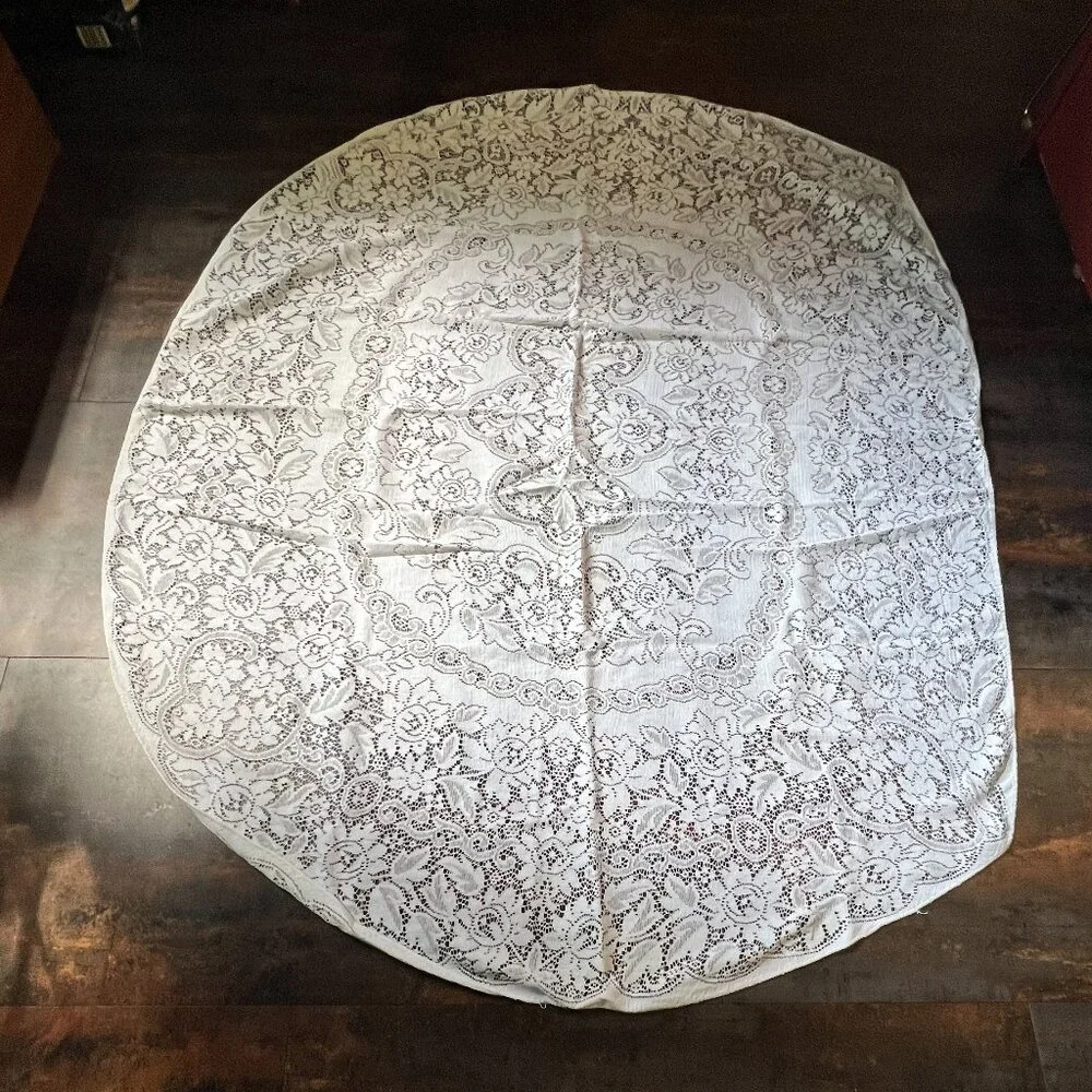 Vintage White Eyelet Lace Round Tablecloth with One Flat Edge, 70.5